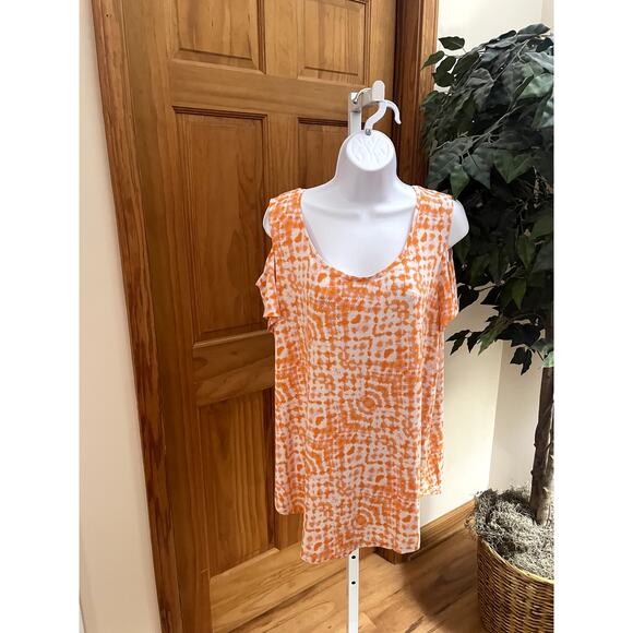 JM Collection Tops - JM Collection Cold Shoulder Tunic, Orange Pattern, Size L
